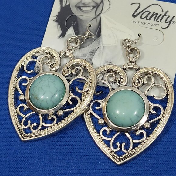 Heart-Shaped Vanity Earrings With Faux Turquoise Stone & Filigree Design - Picture 2 of 4